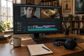 Film editing desk with computer screen showing a neutral face and a bowl of soup, surrounded by editing tools and bathed in warm daylight.