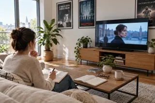 Femme adulte prenant des notes sur un carnet devant une télévision allumée dans un salon lumineux.