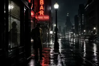 1940s city street at night with a lone detective in trench coat under neon lights, rainy pavement, strong shadows and moody atmosphere