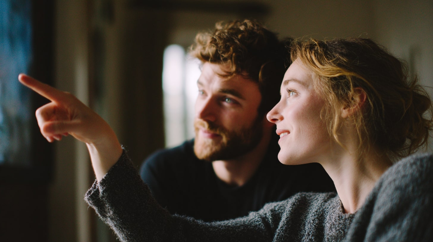 Deux personnes discutant d’une scène de film et de ses choix de mise en scène.