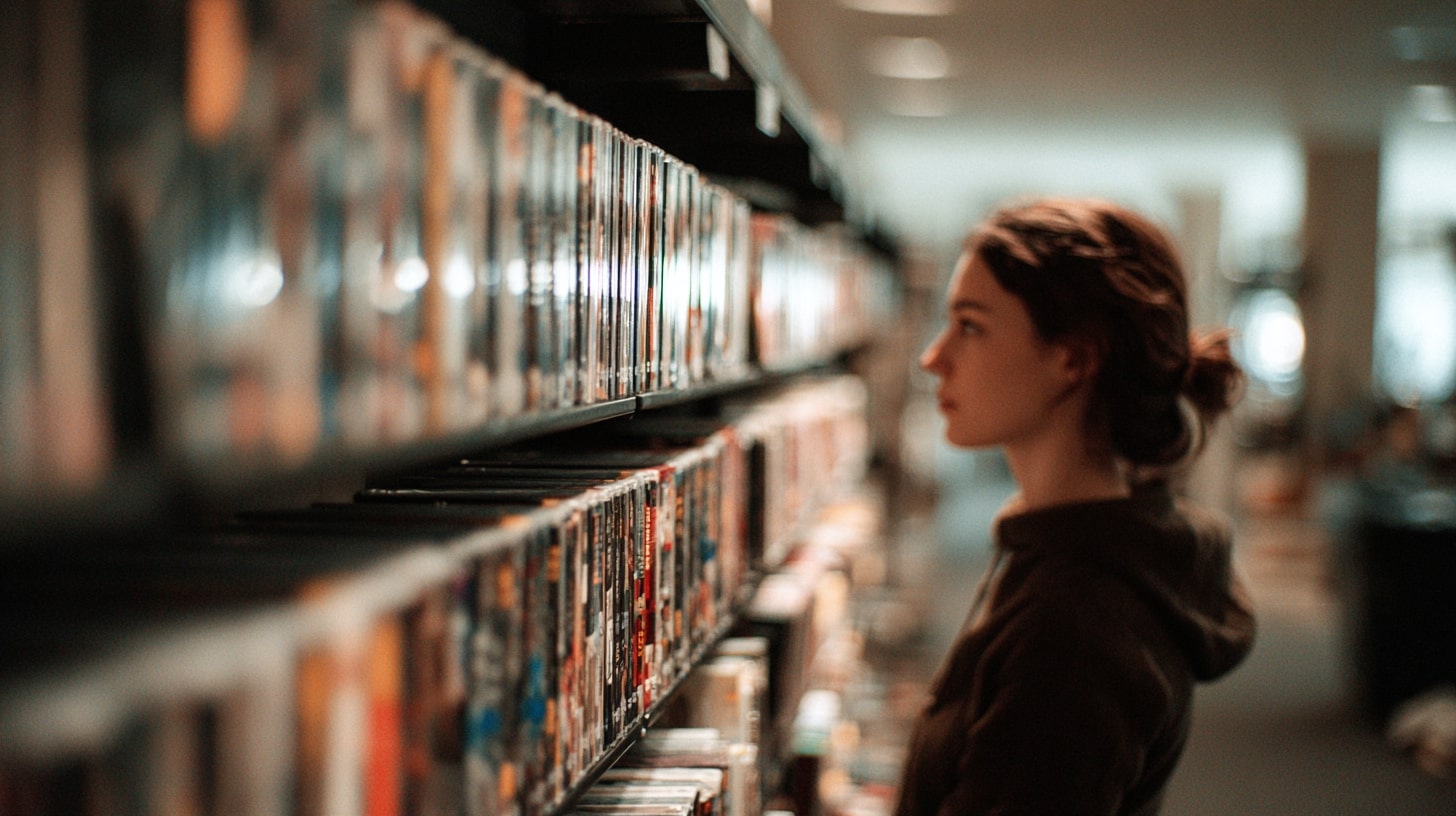 Spectatrice parcourant une collection de films pour explorer différents genres et œuvres de cinéma.