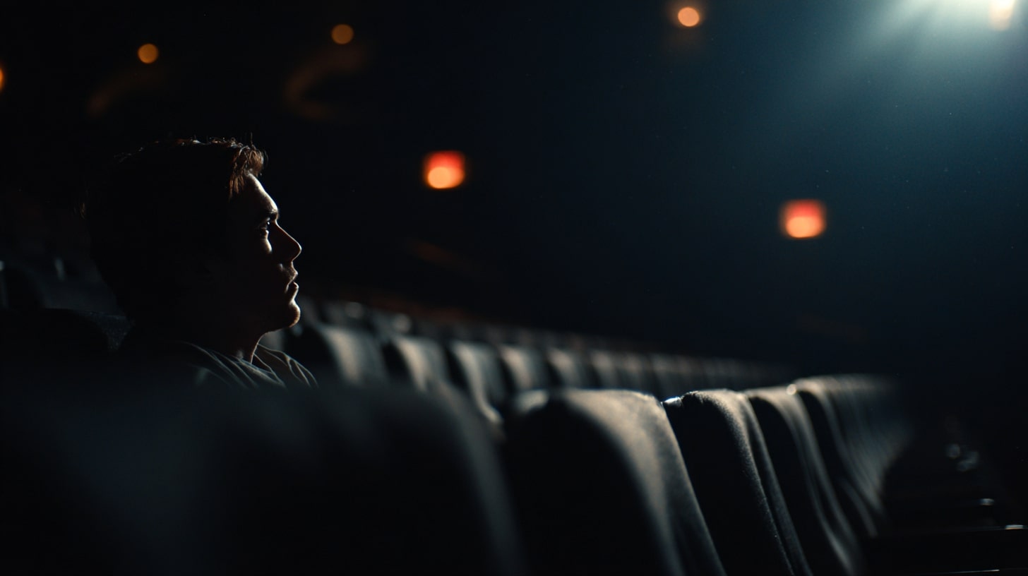 Spectateur assis seul dans une salle de cinéma, attentif aux images et à l’atmosphère du film.